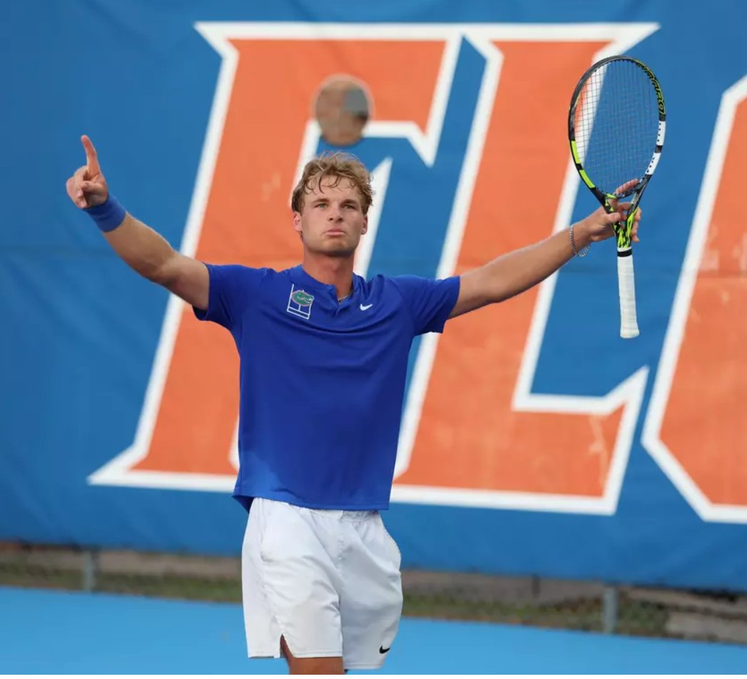 Kevin Edengren celebrating a point at the Alfred A. Ring Tennis Complex, Florida Gators